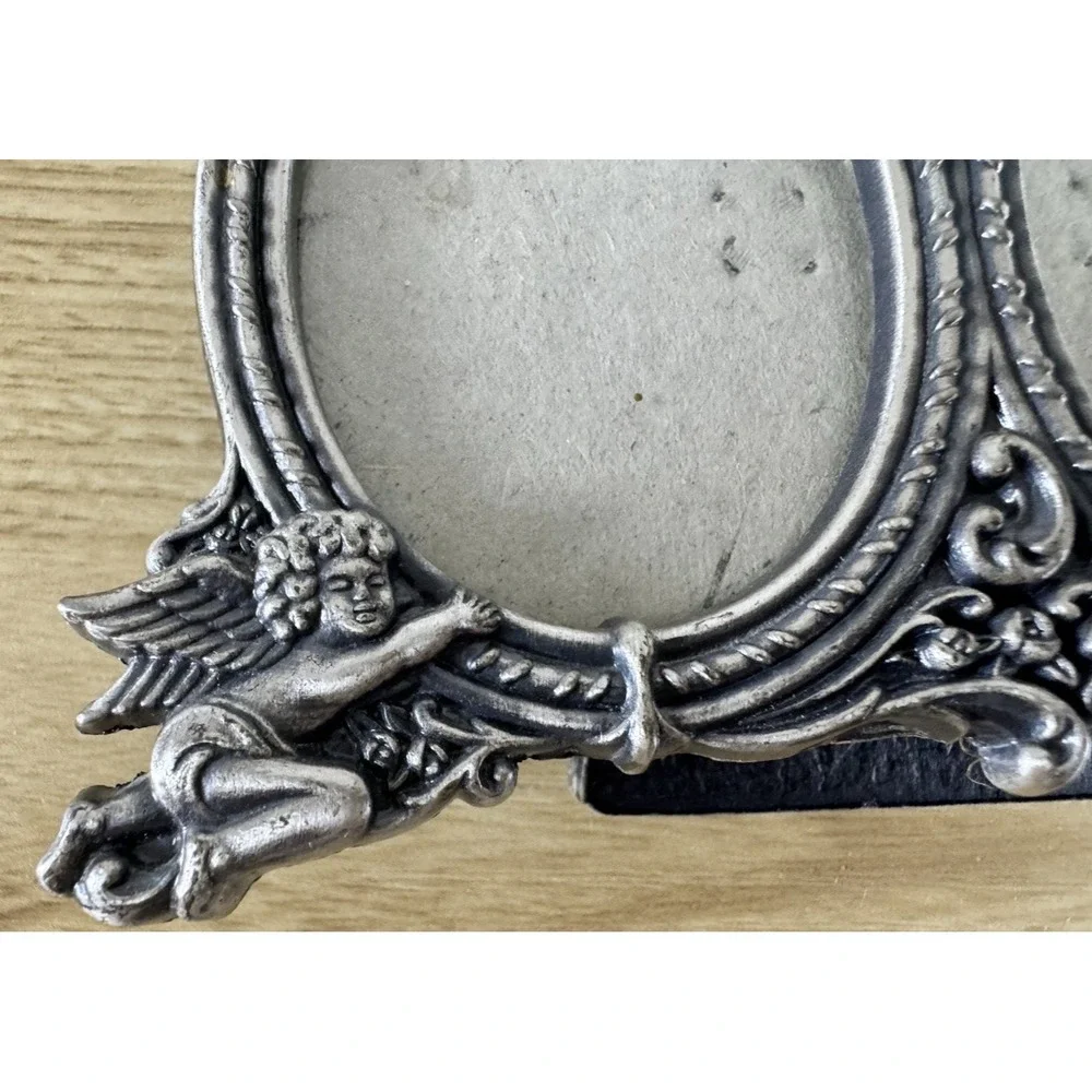 Vintage Burnes of Boston Pewter Double Oval Picture Frame Cherub Angel Ornate